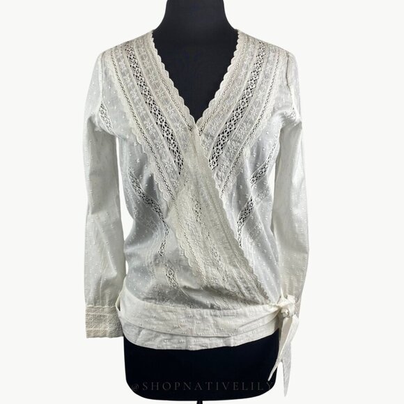 NWT Sézane Alessandra Eyelet Surplice Wrap Long Sleeve Blouse | 38 (6) | White - Picture 7 of 16